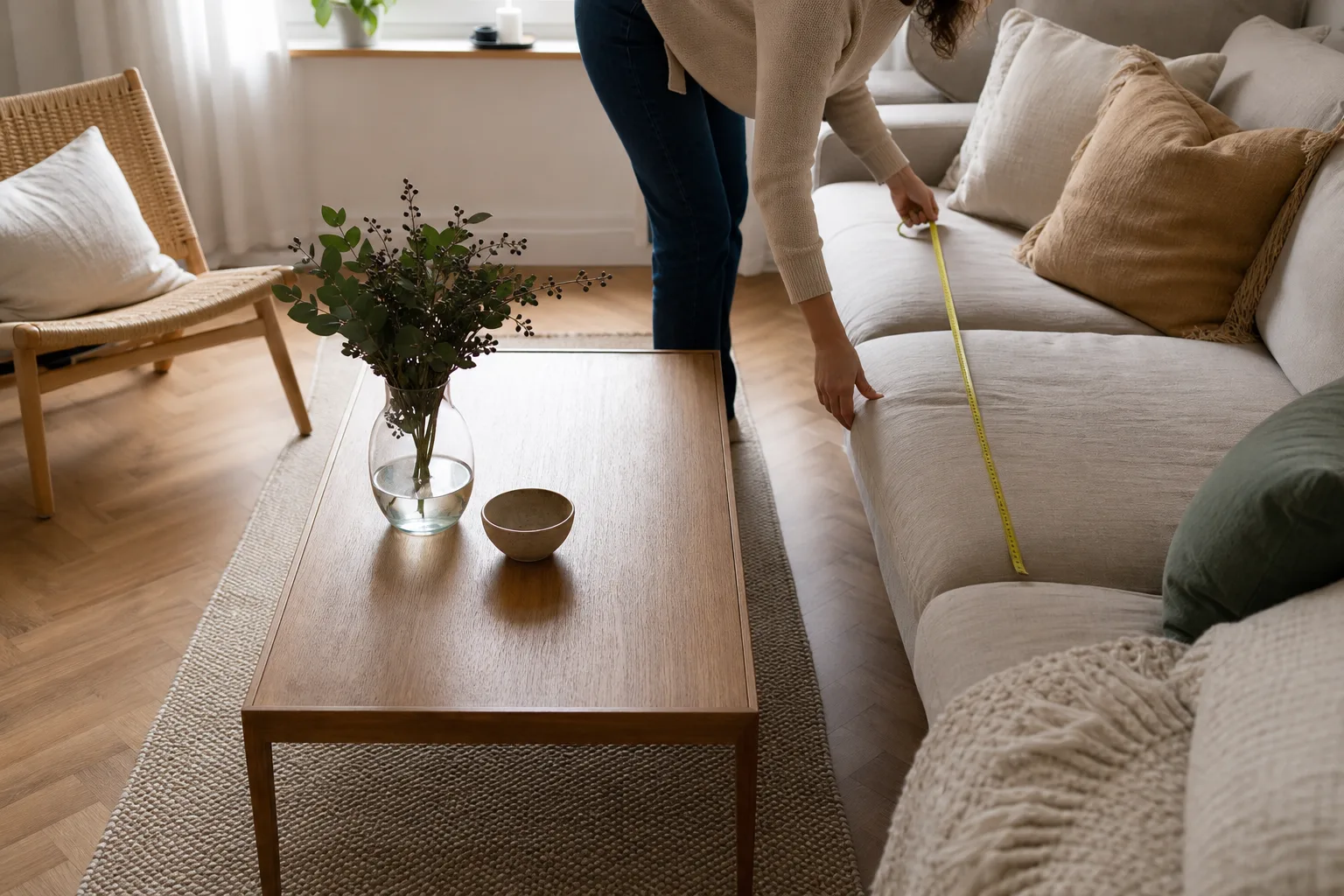Måttband längs soffa med rektangulärt soffbord framför