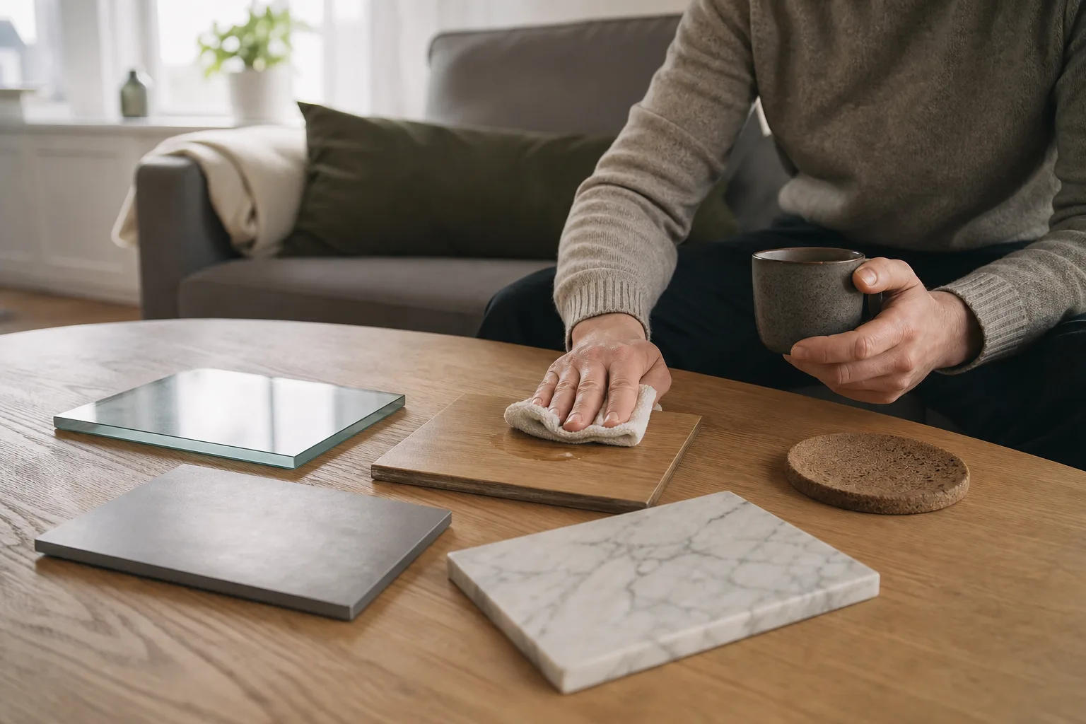 Materialprover av trä, glas, metall och marmor bredvid soffbord