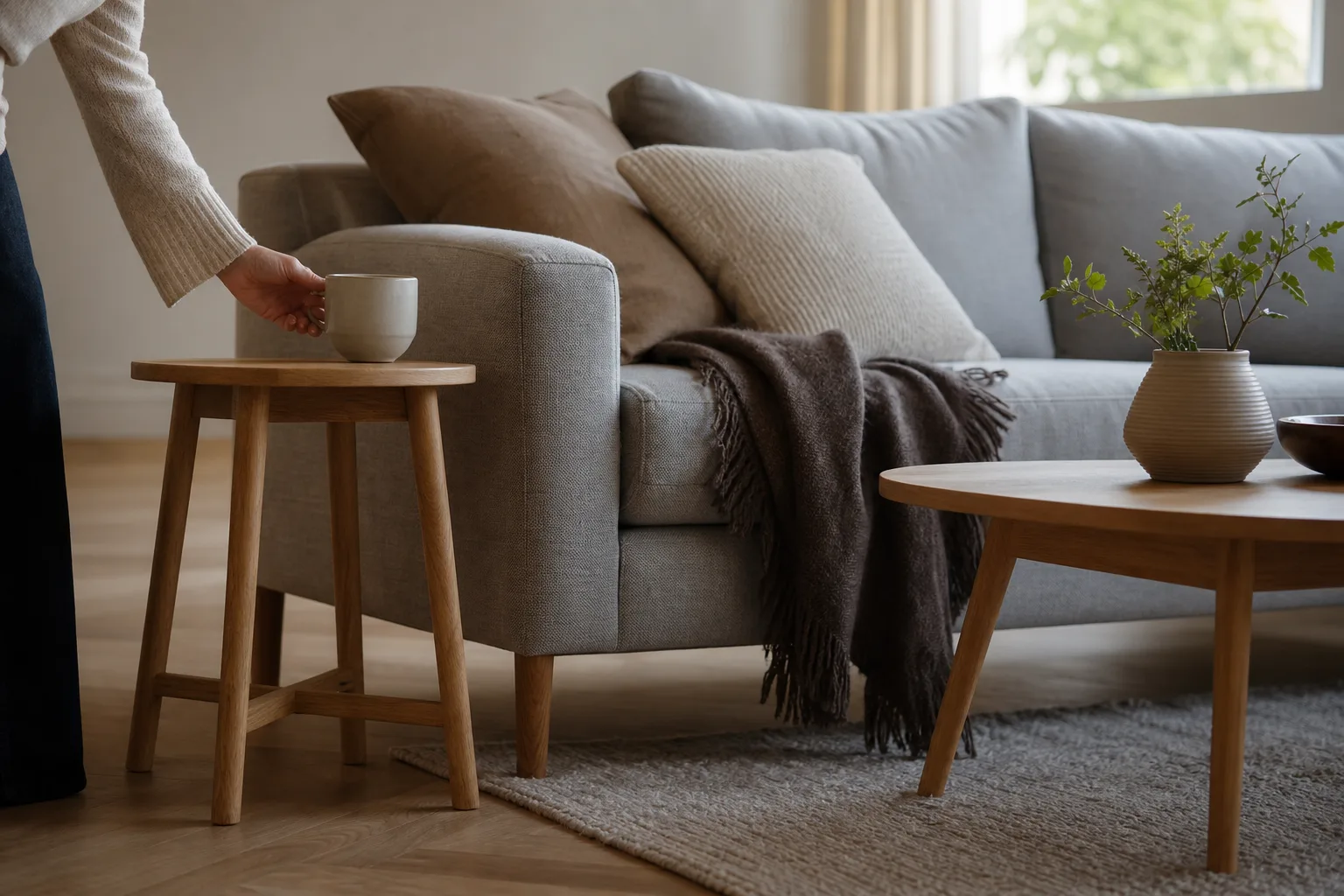 Sidobord vid soffans armstöd och lågt soffbord framför soffan