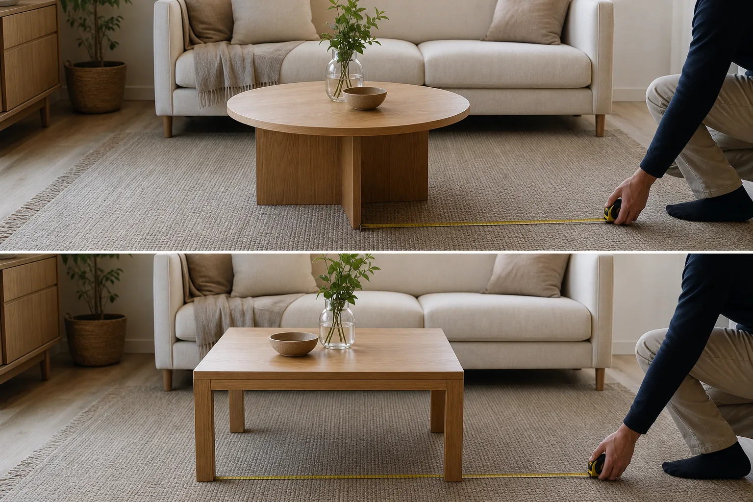 Runt och fyrkantigt soffbord jämförs framför soffa med måttband