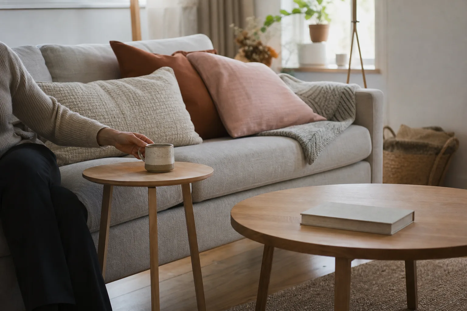 Sidobord bredvid soffan och soffbord framför den i samma vardagsrum