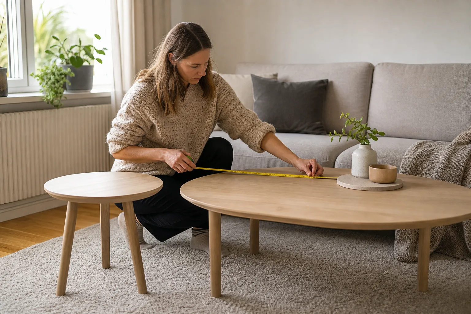 Sidobord och soffbord vid samma soffa medan en hand mäter bordets längd