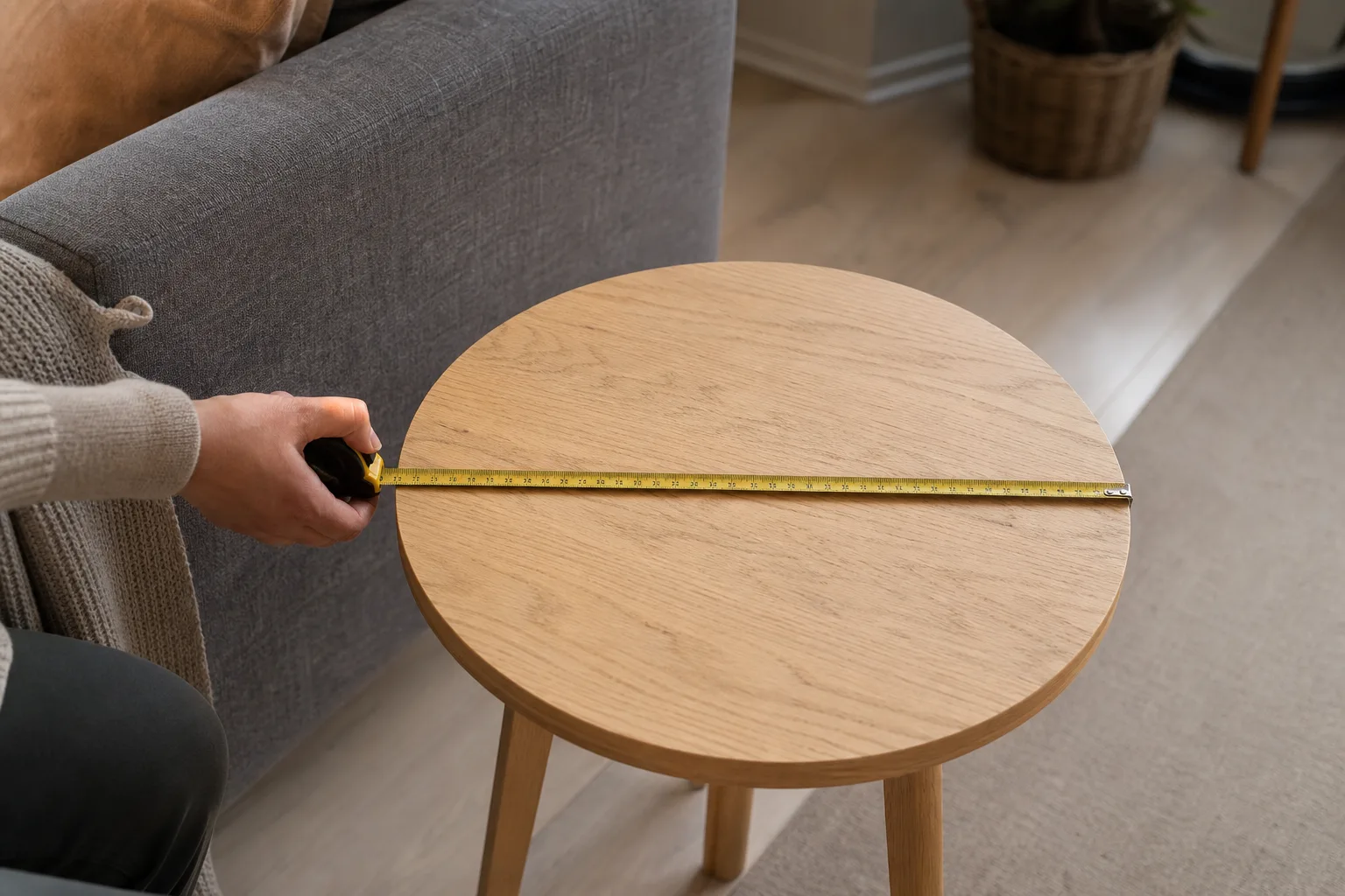 Runt sidobord i trä bredvid soffa med måttband över bordsskivan