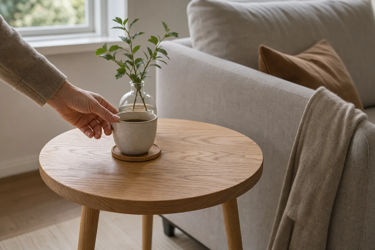 Sidobord i oljad ek bredvid soffa med kopp på underlägg