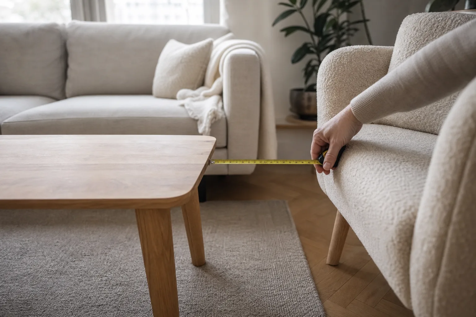 Litet soffbord i ek framför tvåsitssoffa med måttband i passagen