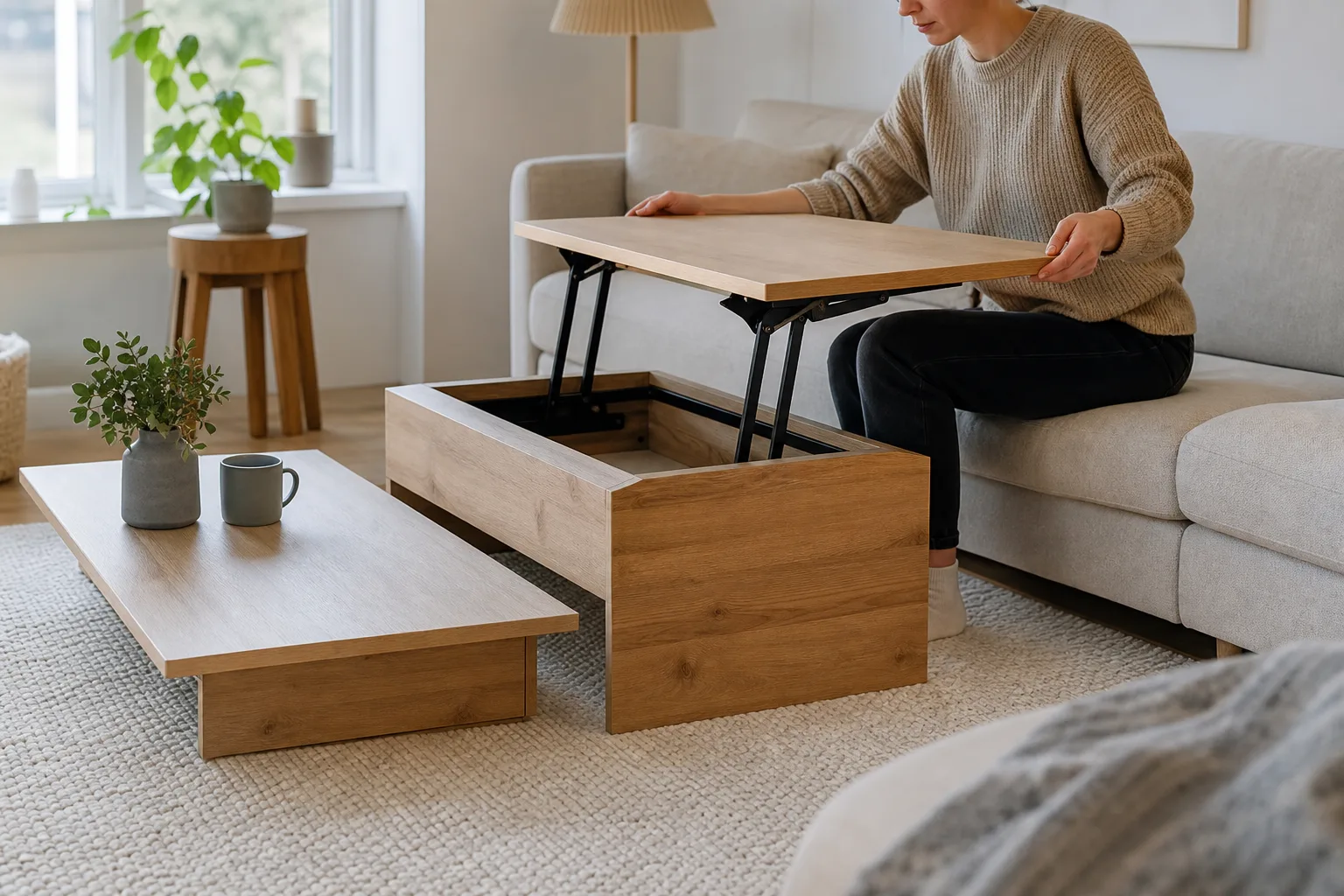 Hand lyfter skivan på höj- och sänkbart soffbord framför soffa