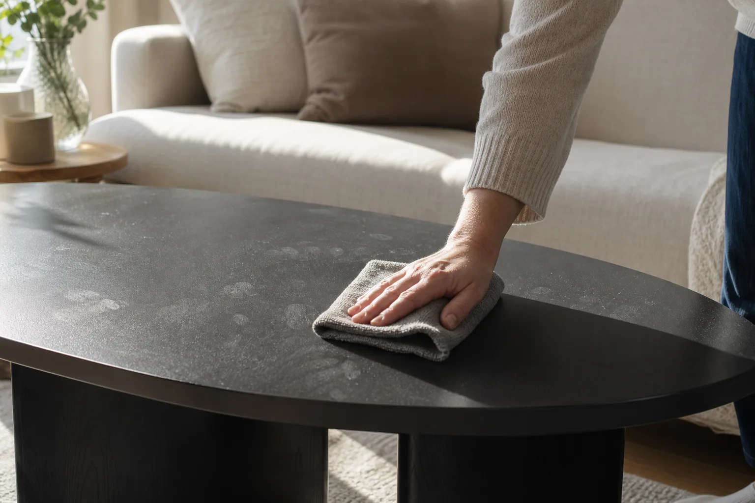 Mattsvart soffbord framför ljus soffa torkas med mjuk duk