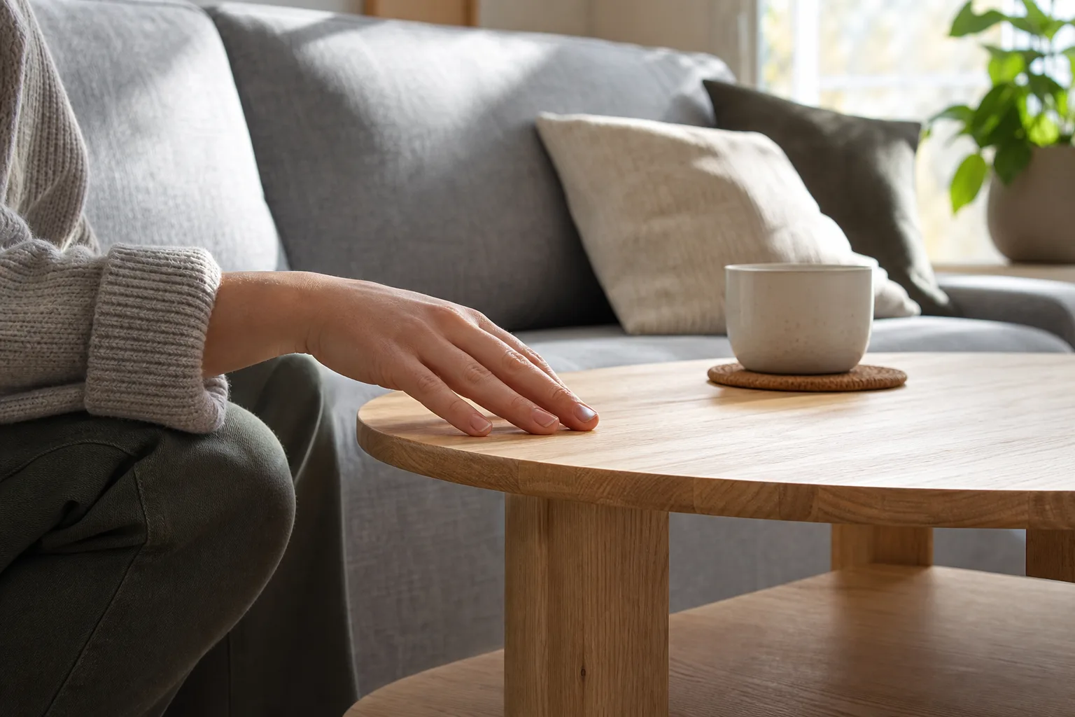 Ljust soffbord i trä framför soffa med hand vid bordskanten