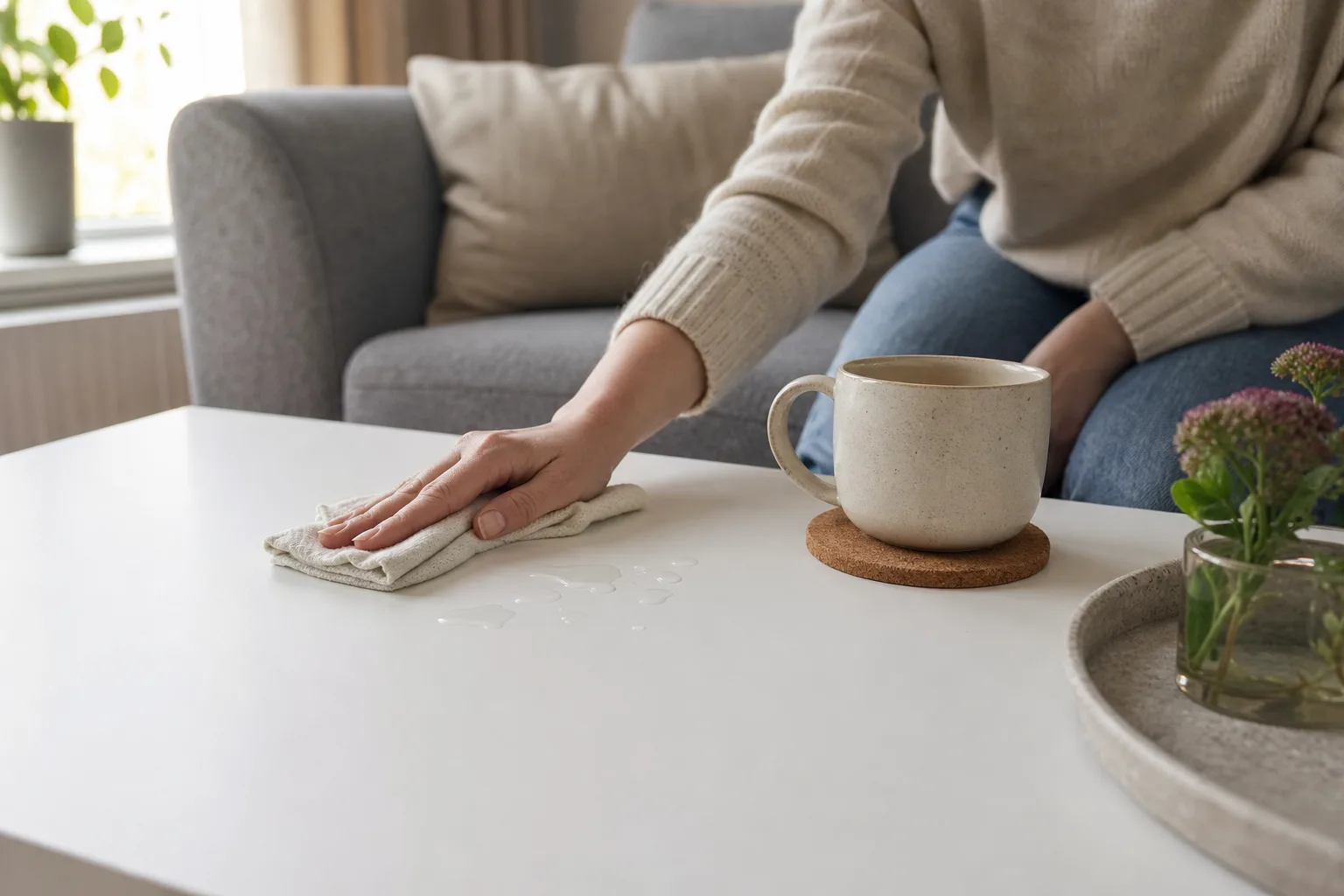 Vitt soffbord framför soffa med hand som torkar vatten från skivan