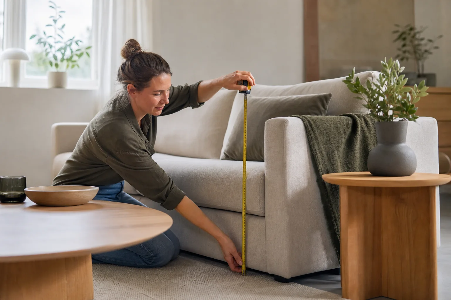 Hand mäter soffans sitthöjd med sidobord och soffbord intill